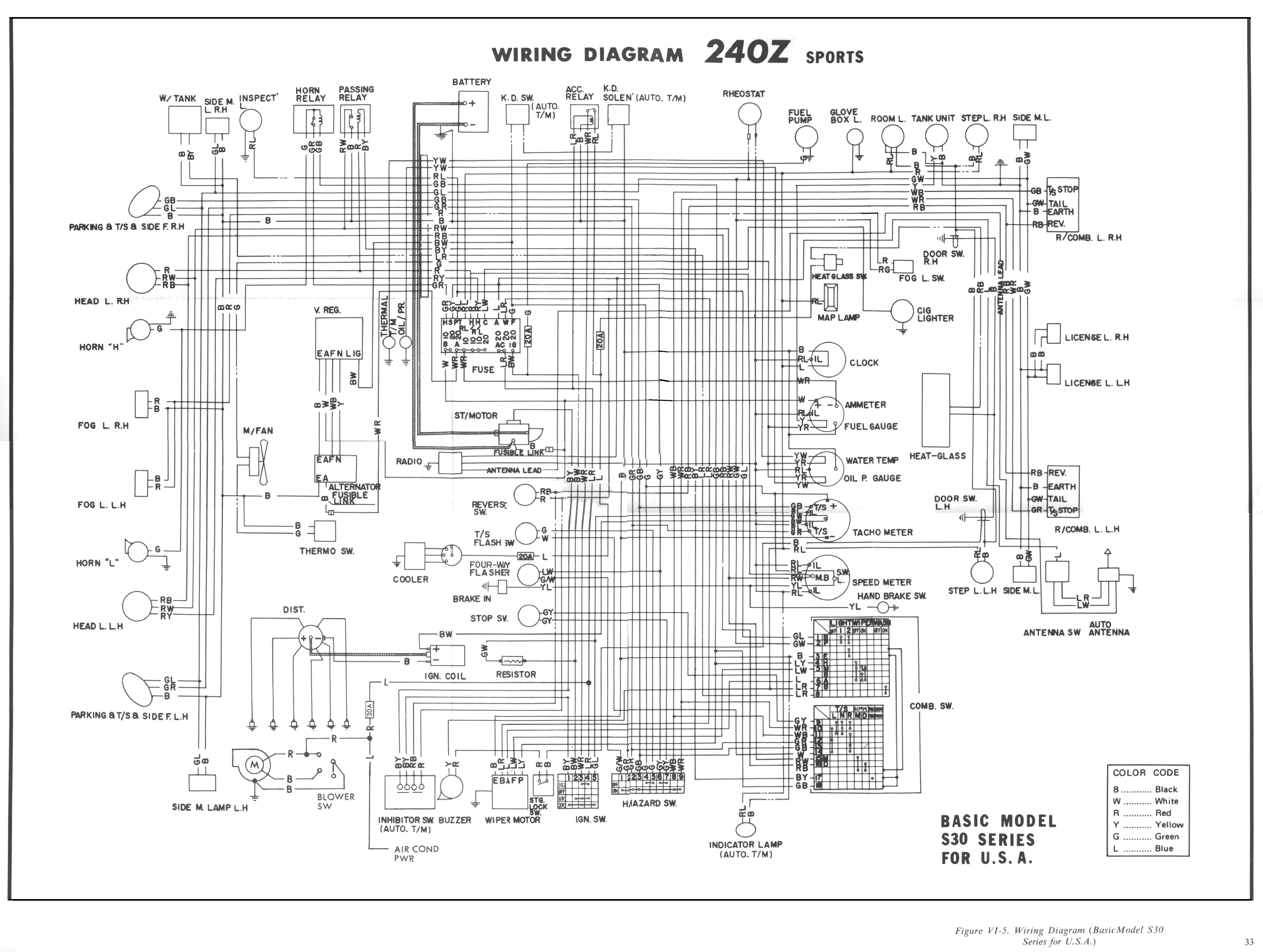 Datsun 240Z 1971 FSM Supplement - Dash, Gauges, Wiring, HVAC electrical wiring diagram legend 